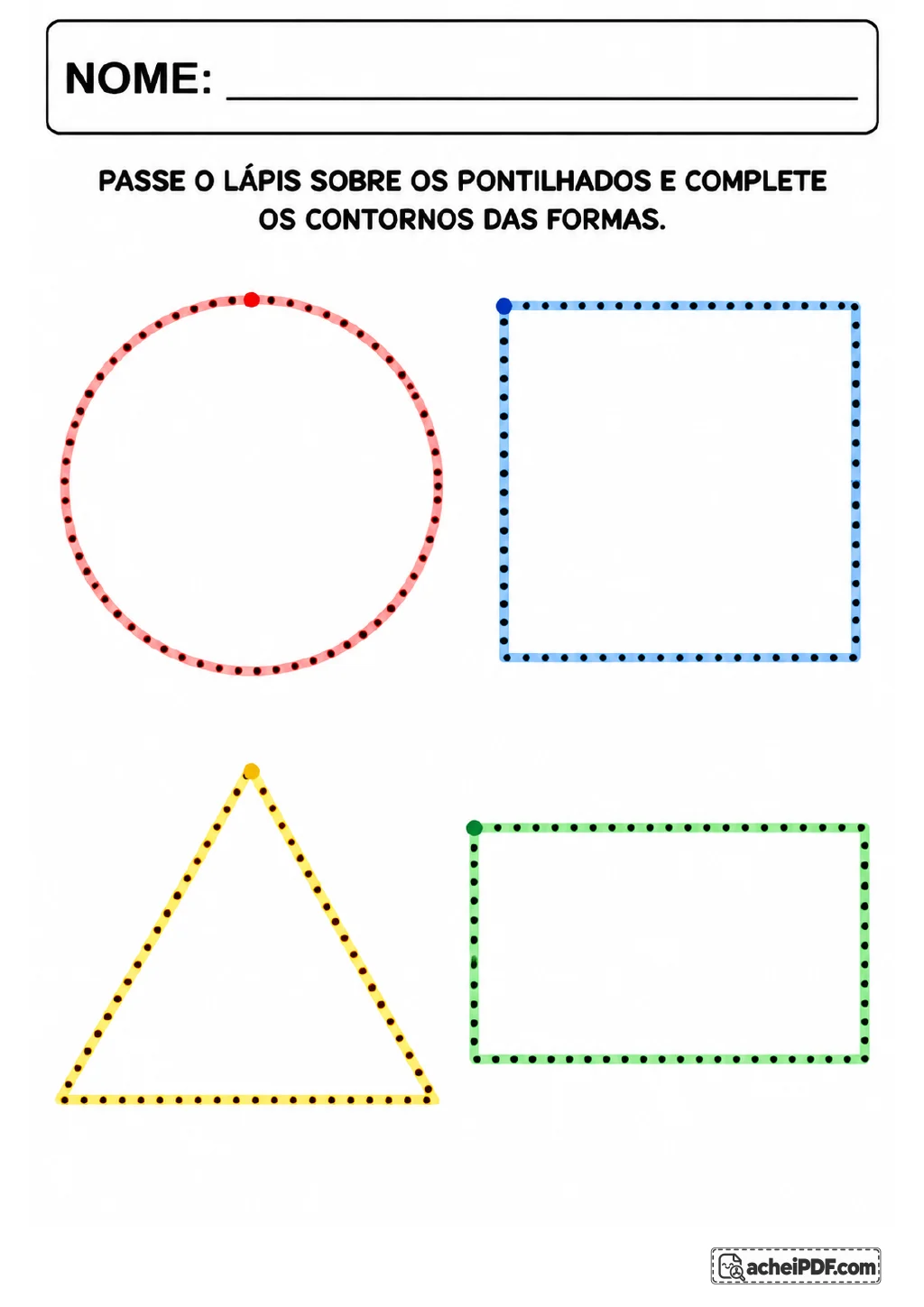 Círculo vermelho, quadrado azul, triângulo amarelo e retângulo verde com contornos pontilhados para traçar.