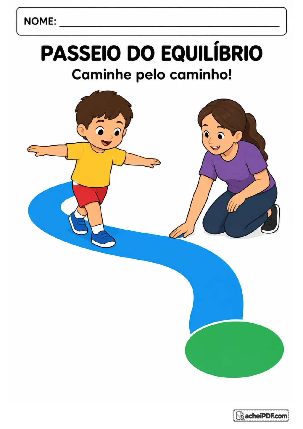 Menino com os braços abertos caminha por um trajeto azul curvo até um círculo verde, acompanhado por uma adulta ajoelhada.