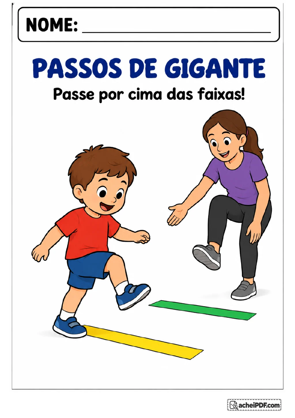 Criança levanta a perna para atravessar duas faixas no chão, uma amarela e outra verde.