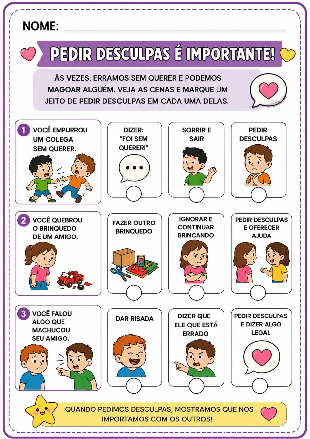 Três situações numeradas mostram um empurrão entre colegas, um caminhão de brinquedo quebrado e uma criança magoada.