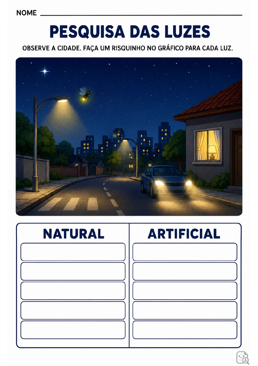 Cidade à noite com estrela, vaga-lume, postes de luz, carro com faróis e luminária na janela ao lado de um gráfico.