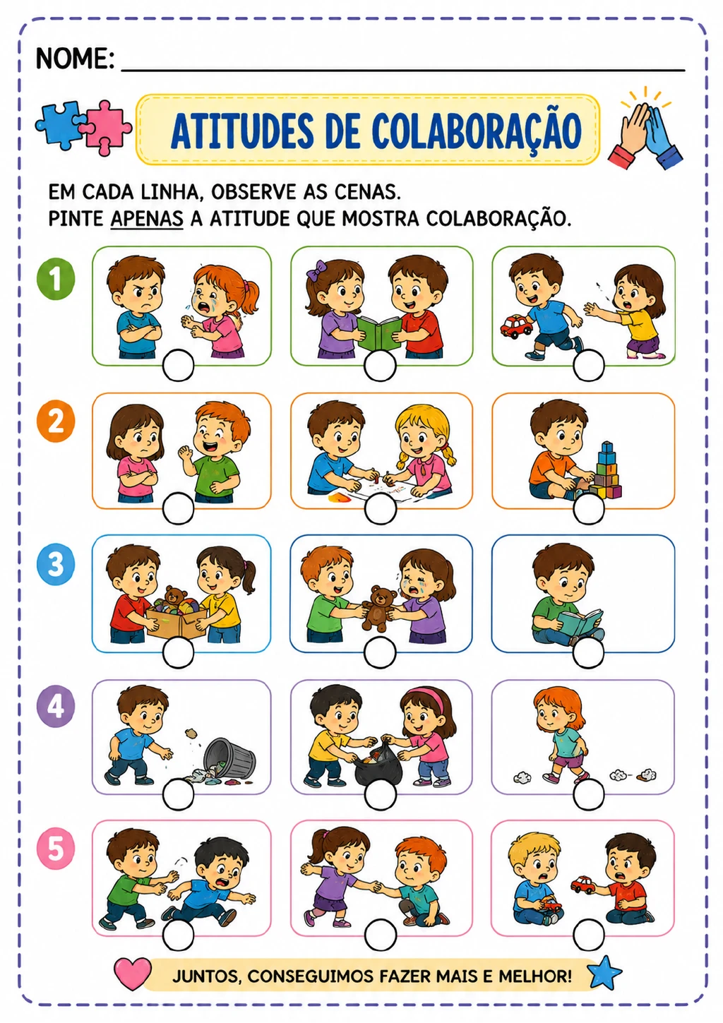 Cinco linhas numeradas com três cenas infantis em cada uma e círculos de resposta abaixo; aparecem livro, carrinho.