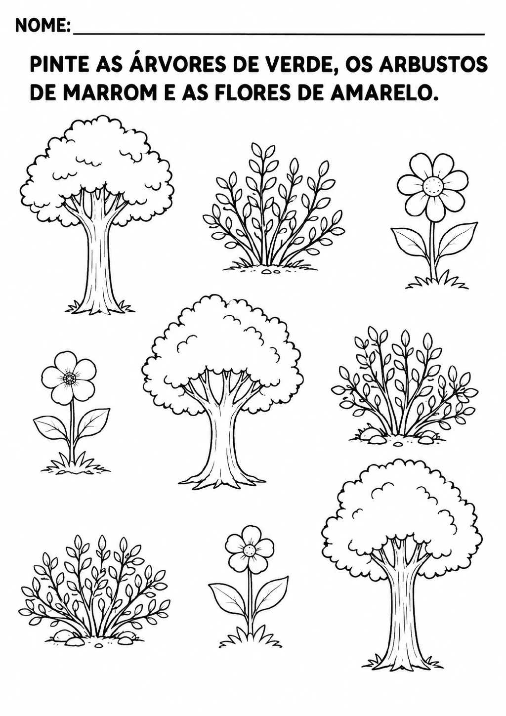 Três árvores, três arbustos e três flores em preto e branco, com instruções para pintar cada grupo de verde.