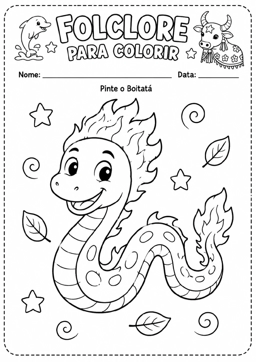 Boitatá como serpente sorridente, com chamas na cabeça, no corpo e na cauda, cercado por folhas, estrelas e espirais.