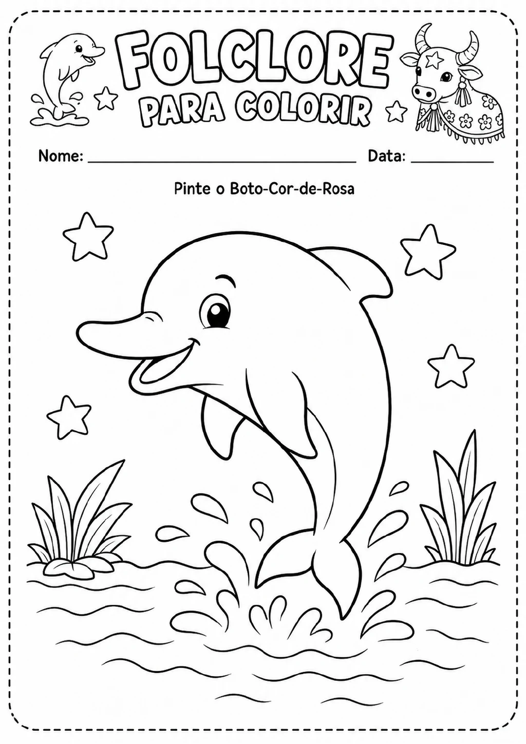 Boto-cor-de-rosa saltando sobre ondas e respingos de água, com estrelas e plantas aquáticas ao redor.