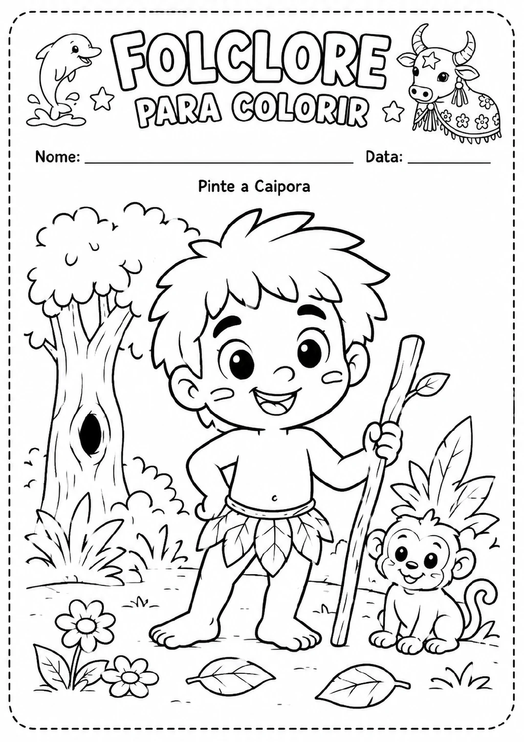 Caipora representada como um menino com bastão e saia de folhas, ao lado de um macaco, em uma mata com árvore, arbustos.