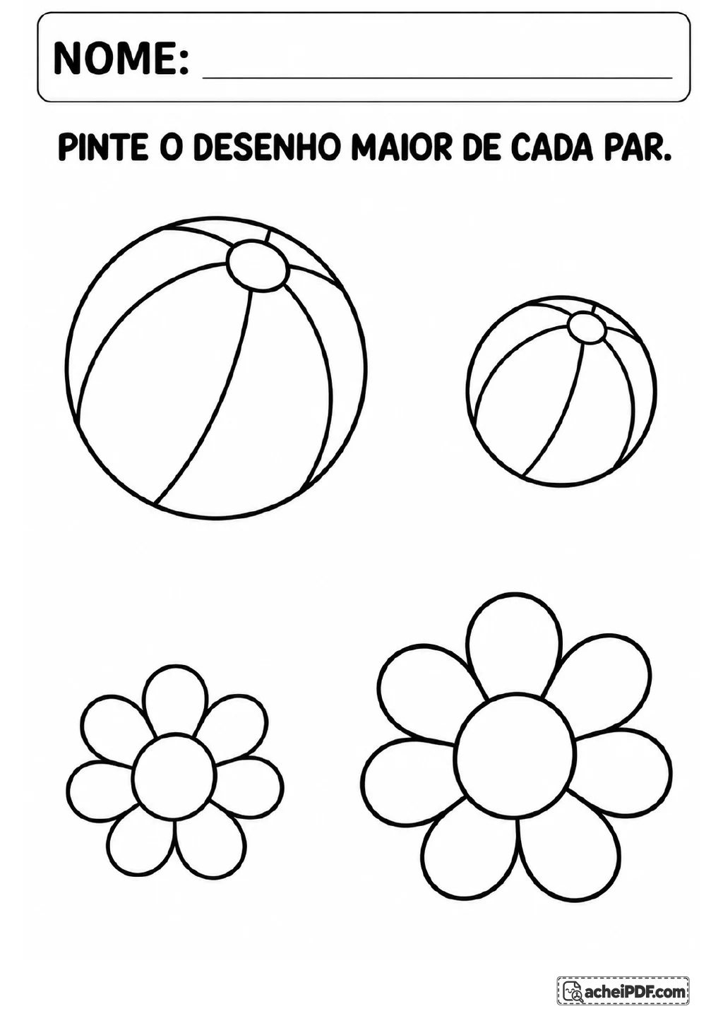 Dois pares de desenhos em preto e branco: bolas de praia de tamanhos diferentes e flores de tamanhos diferentes.