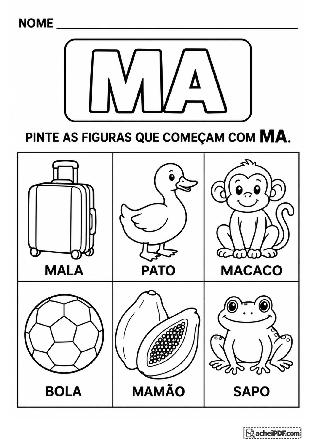 Grade com mala, pato, macaco, bola, mamão e sapo sob o destaque da sílaba MA.