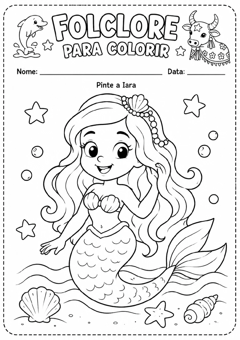 Iara como sereia, com cauda, cabelos longos e adorno de concha, entre ondas, bolhas, conchas e uma estrela-do-mar.