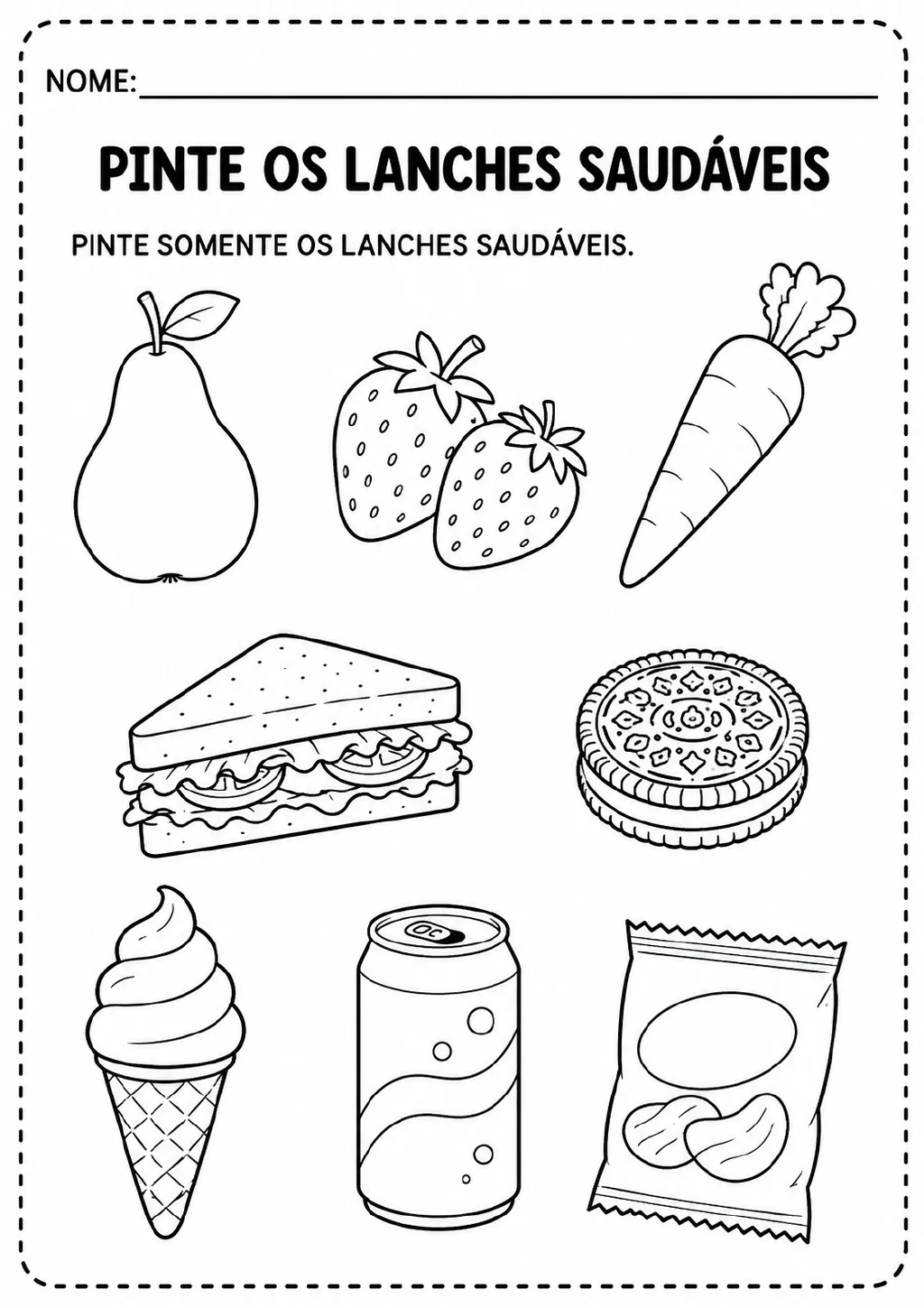 Ilustrações de pera, morangos, cenoura, sanduíche, biscoitos, sorvete, refrigerante.