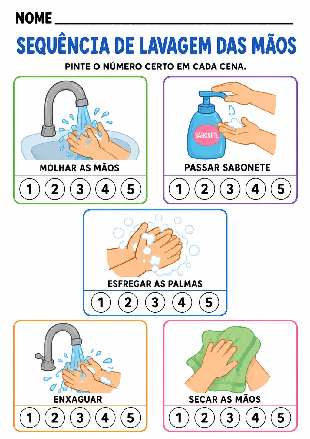 Cinco cartões ilustrados de higiene das mãos, cada um com círculos numerados de 1 a 5 para pintar o numeral correspondente.