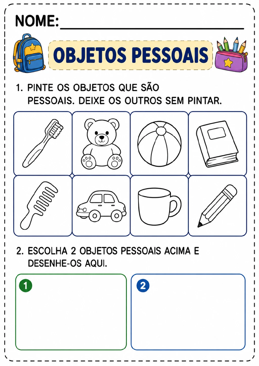 Grade com escova de dentes, urso de pelúcia, bola, caderno, pente, carro, caneca e lápis.