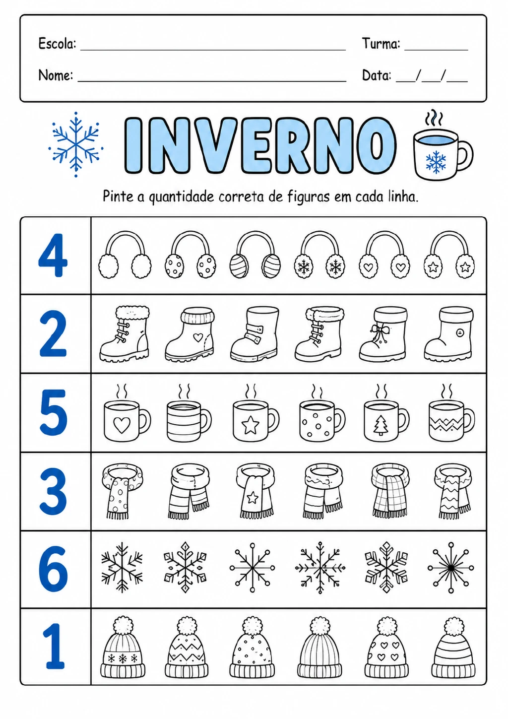 Seis linhas com numerais e figuras de inverno para colorir, incluindo fones de ouvido, botas, canecas, cachecóis.