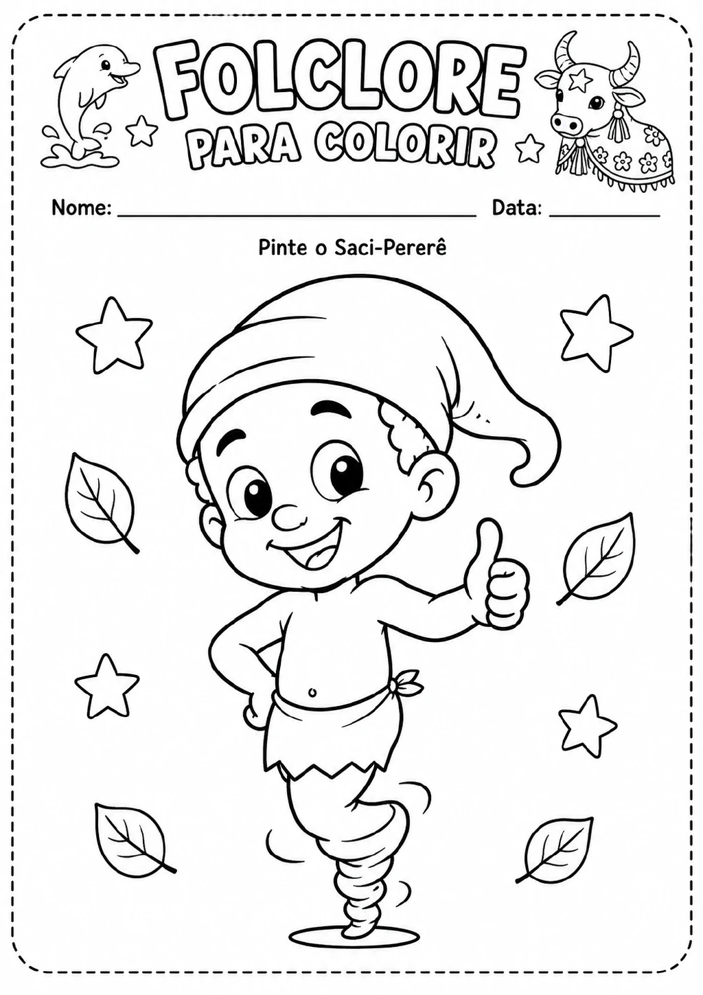 Saci-Pererê com gorro e uma perna só, cercado por estrelas, folhas e um redemoinho.