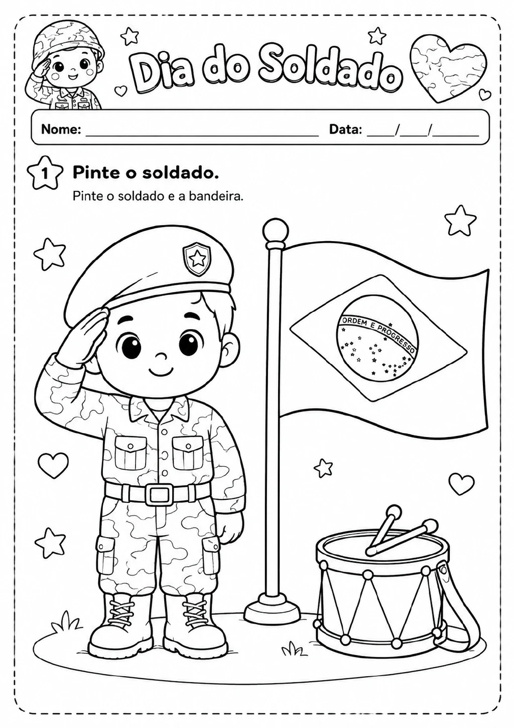 Soldado em continência ao lado de uma bandeira do Brasil em mastro e de um tambor com baquetas, em desenho para colorir.