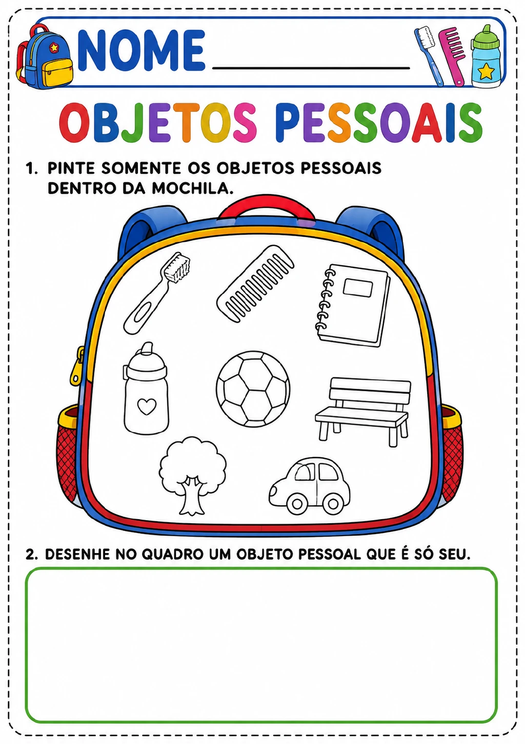 Mochila grande com desenhos de escova de dentes, pente, caderno, garrafa, bola, banco, árvore e carro.
