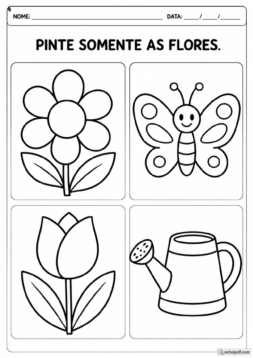 Quatro quadros em preto e branco com uma flor, uma tulipa, uma borboleta e um regador.