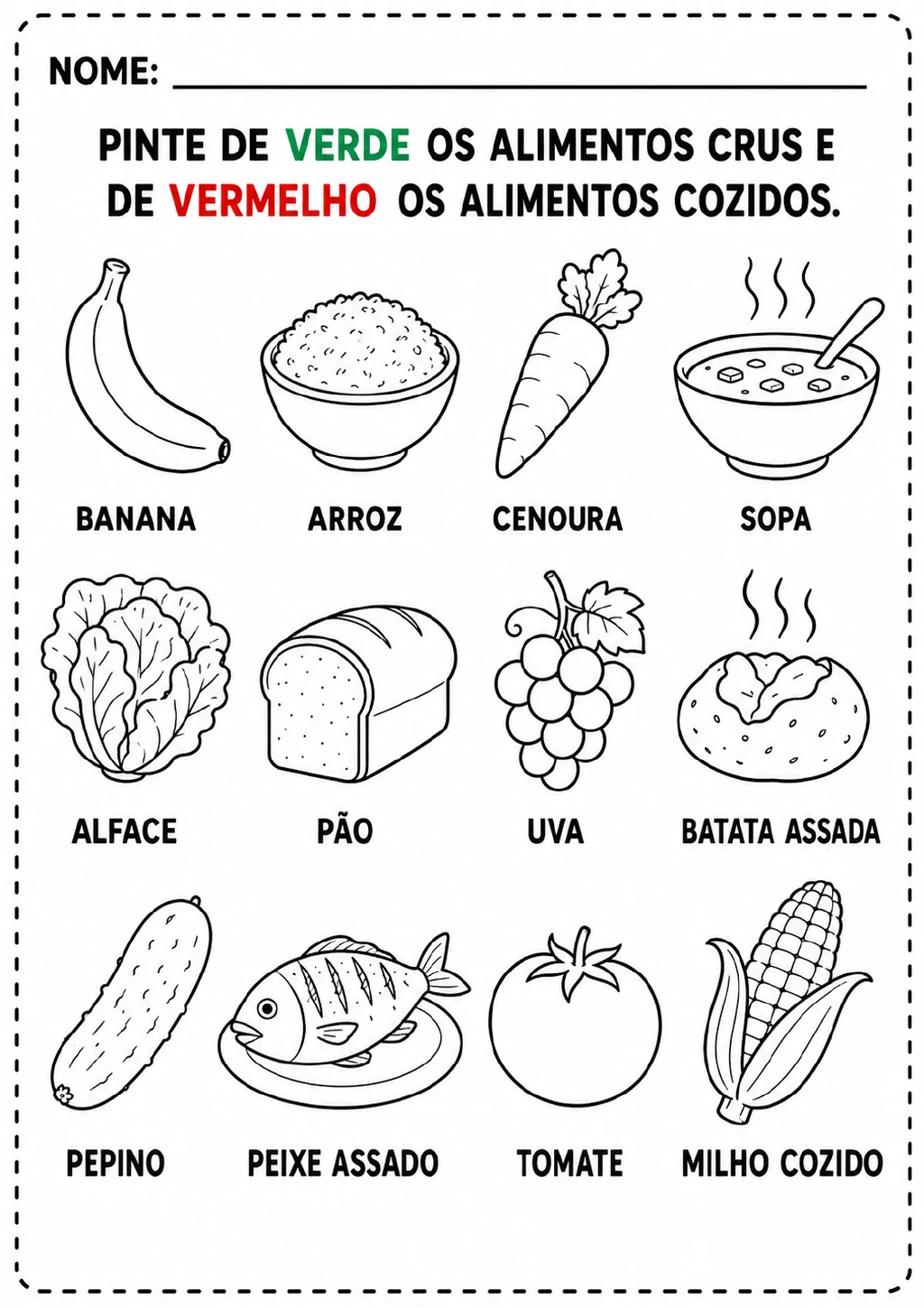 Desenhos nomeados de 12 alimentos para colorir, incluindo banana, cenoura, alface, pão, uva, pepino, tomate, arroz, sopa.