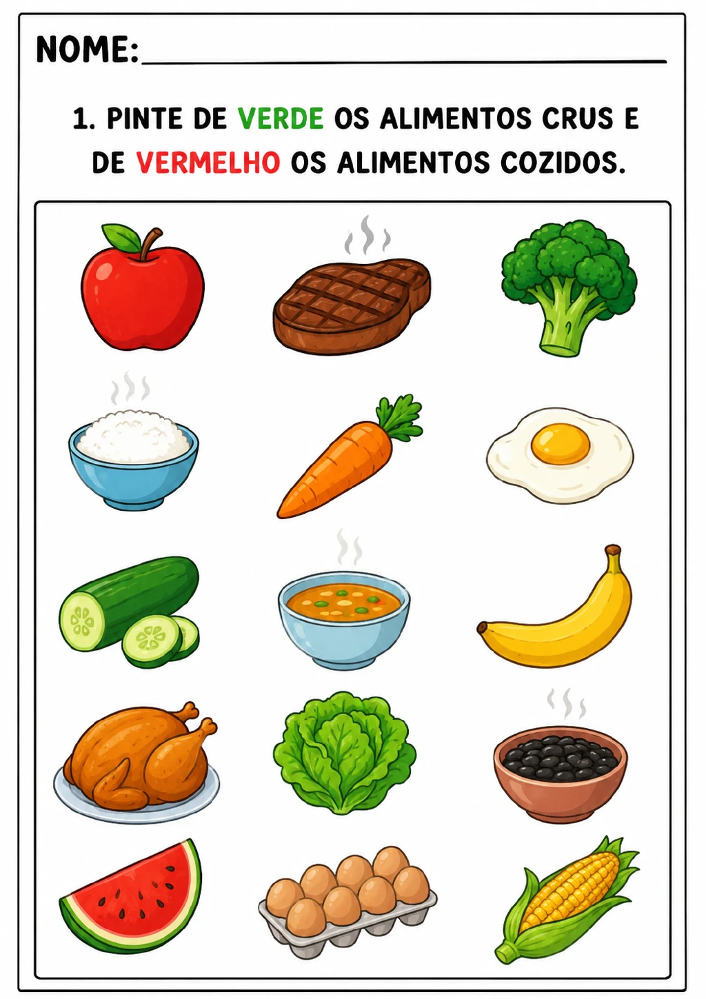 Quinze ilustrações de alimentos organizadas em três colunas, incluindo maçã, brócolis, cenoura, pepino, banana, alface.