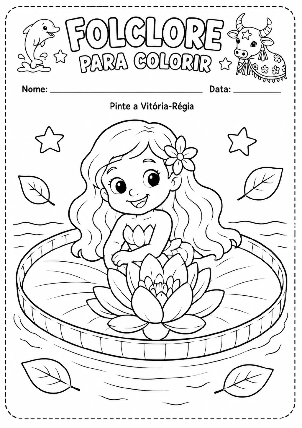 Vitória-Régia representada como uma menina sentada sobre uma grande flor aquática, com folhas.