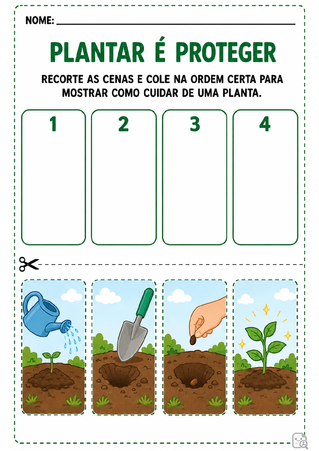 Quatro espaços numerados de 1 a 4 para colagem e uma faixa inferior destacável com cenas de cavar a terra.