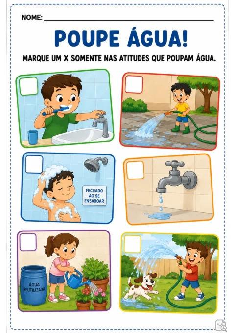 Seis ilustrações com caixas de marcação mostram usos da água: escovação dos dentes, mangueira, chuveiro, regador e plantas.