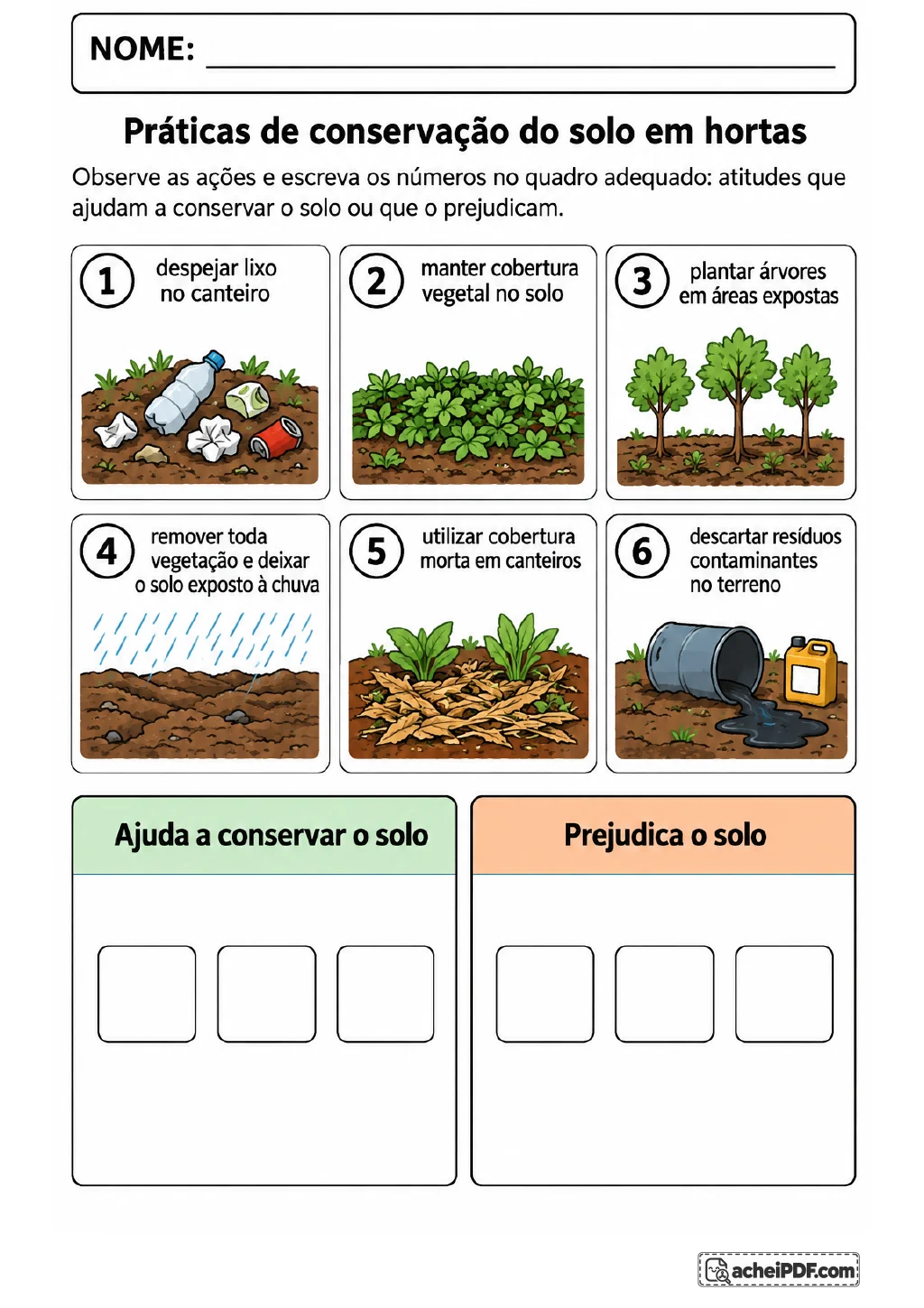Seis quadros ilustrados e numerados para classificar ações de horta entre as que ajudam a conservar o solo e as que o.