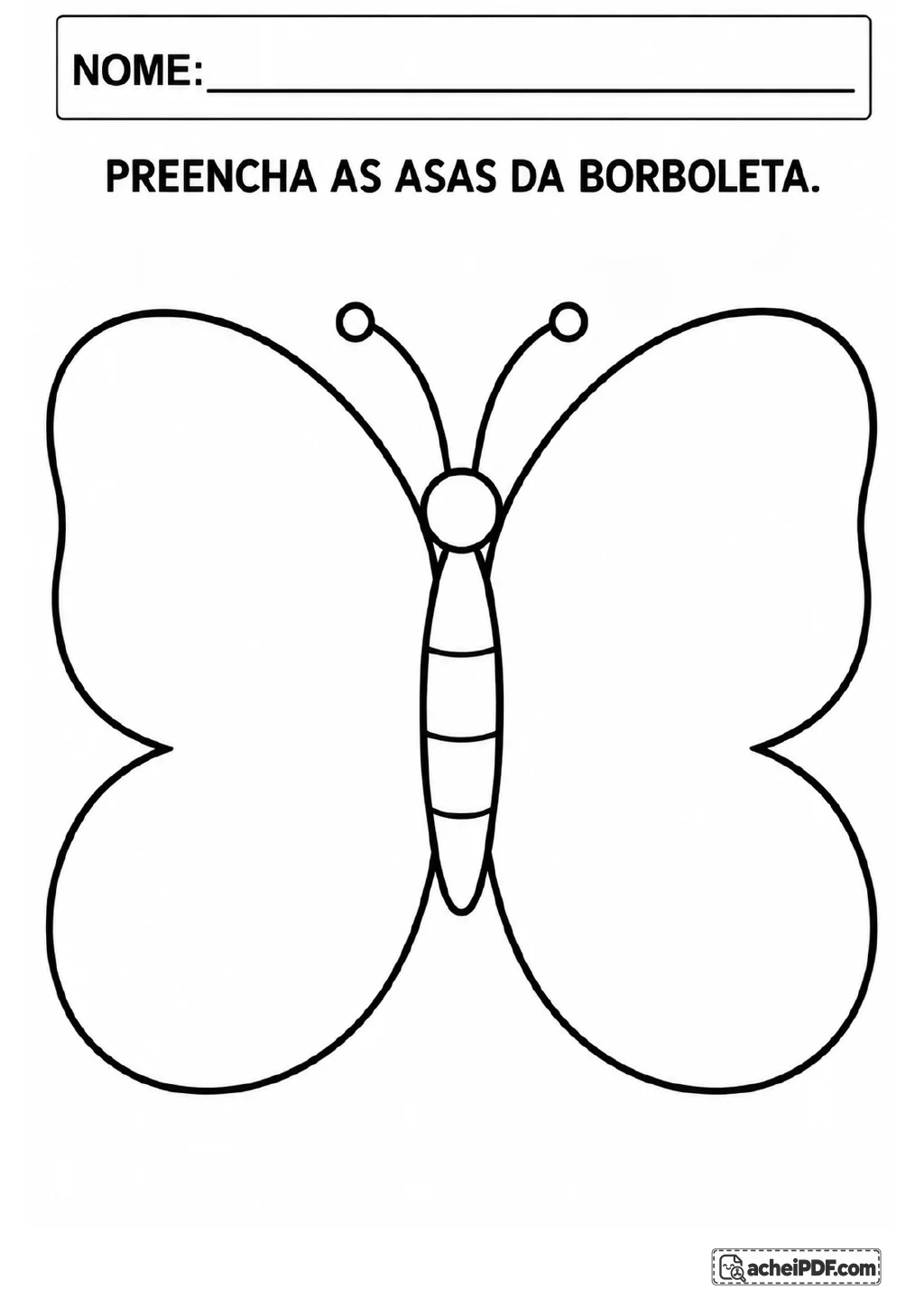 Borboleta grande contornada em preto e branco, com quatro asas vazias, antenas e corpo segmentado.