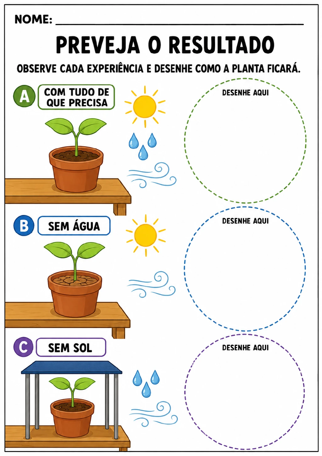Três experiências identificadas como A, B e C: uma planta com sol, água e vento, outra sem água e outra sem sol.