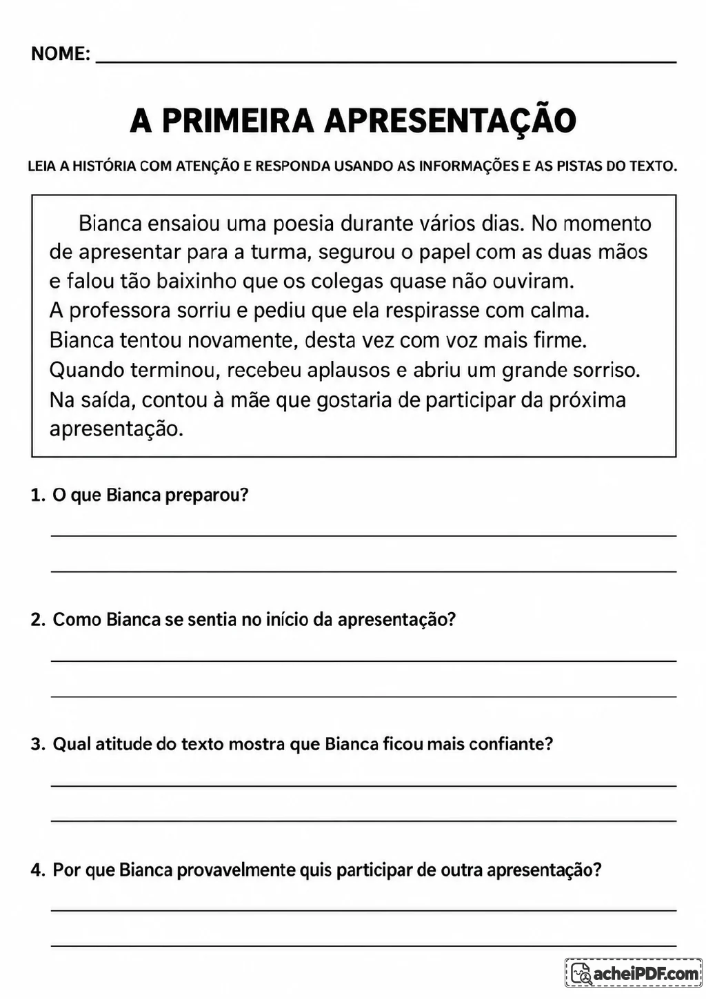 Narrativa em preto e branco sobre Bianca apresentando uma poesia diante da professora e dos colegas.