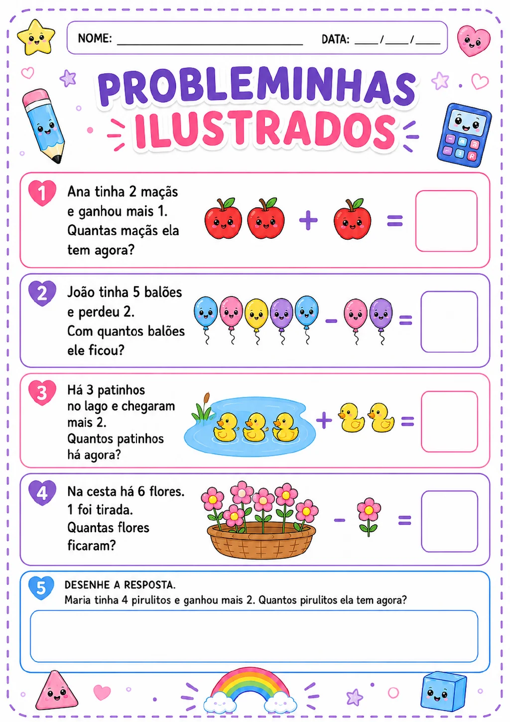 Cinco problemas ilustrados com maçãs, balões, patinhos, flores e pirulitos, quatro caixas de resposta.