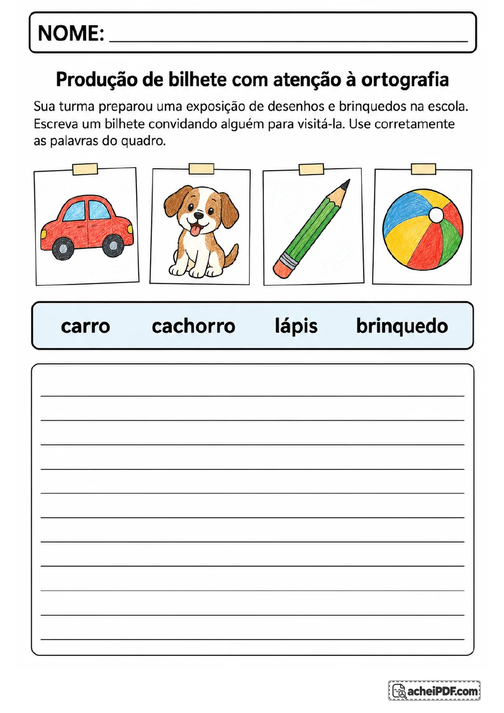 Desenhos coloridos de carro, cachorro, lápis e bola acompanham uma faixa com as palavras carro, cachorro.