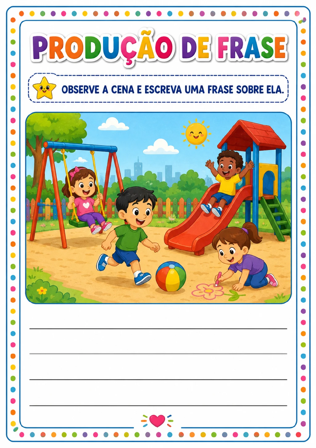 Quatro crianças brincando em um parque com balanço, escorregador, bola e desenho de flor no chão.