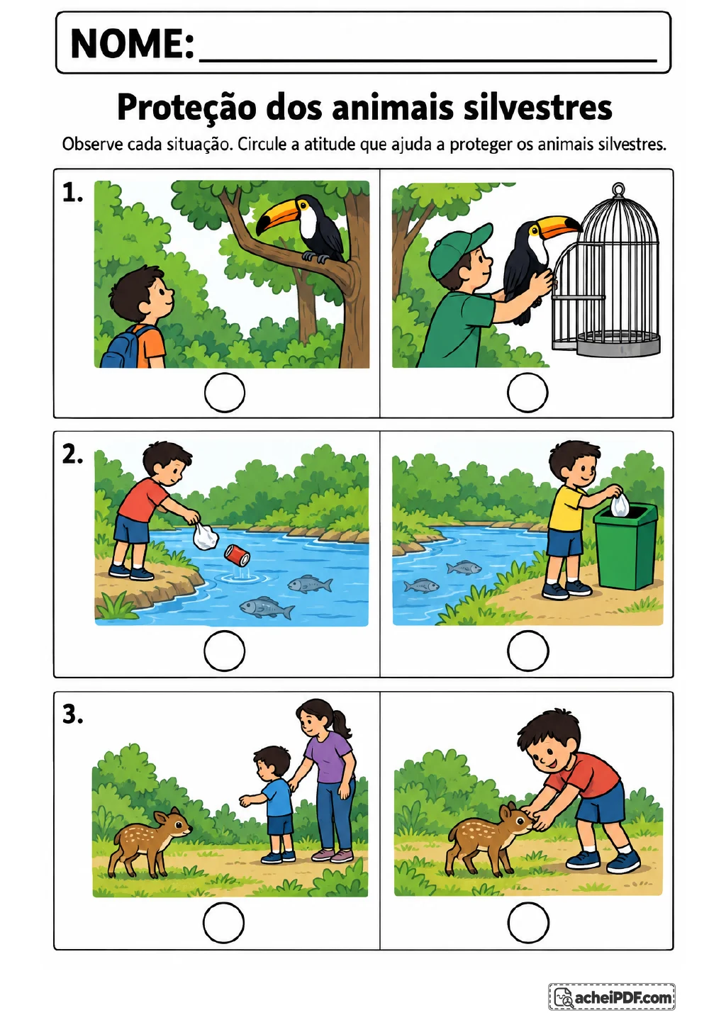 Três pares de ilustrações com círculos para marcar mostram situações com tucano, rio com peixes e filhote de cervo.