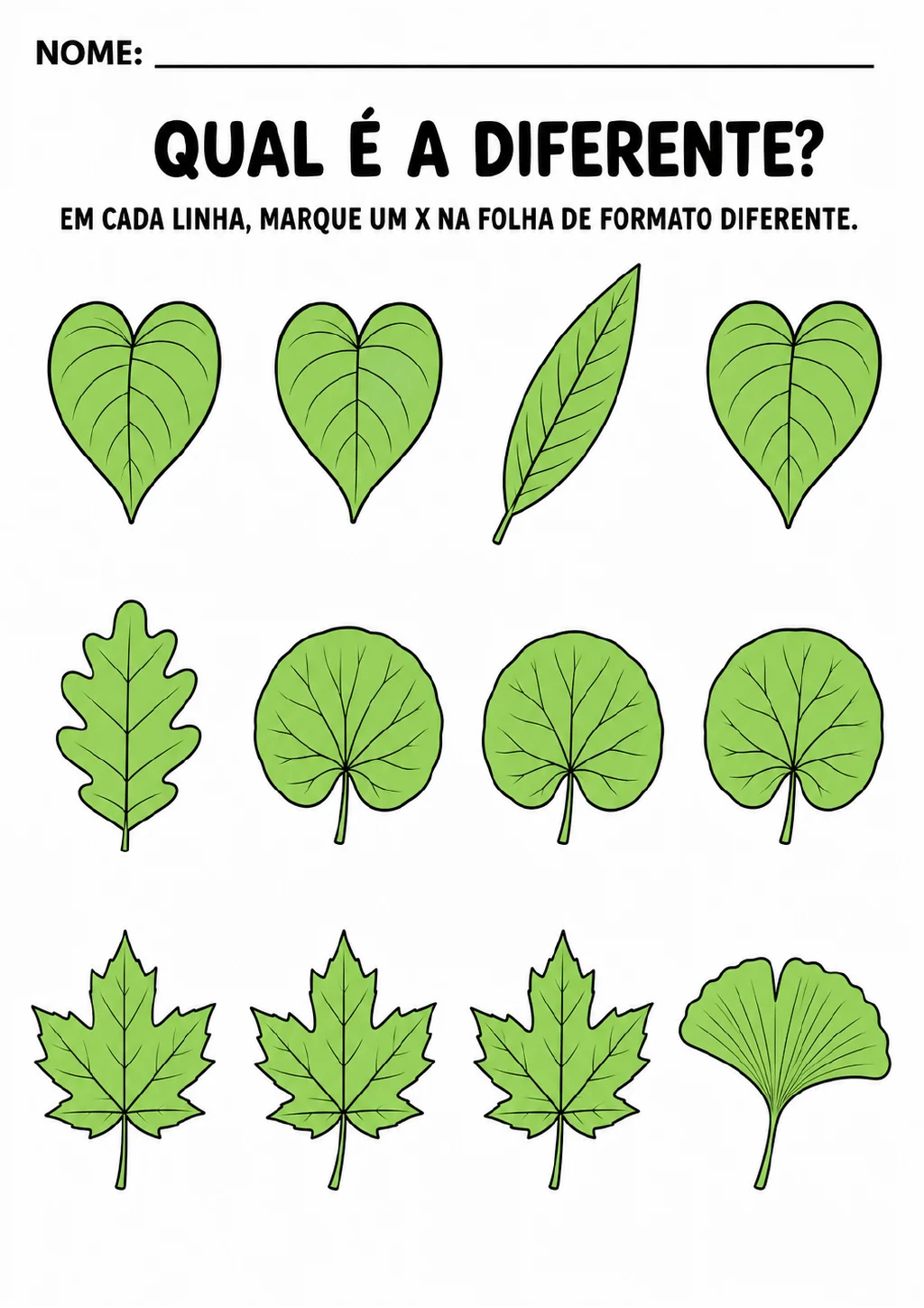 Três linhas com quatro folhas verdes cada uma, em formatos alongados, lobados, de leque e de coração.