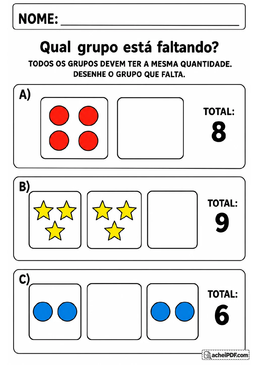 Três desafios coloridos identificados por A, B e C mostram círculos vermelhos, estrelas amarelas e círculos azuis.