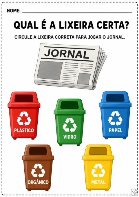 Jornal ilustrado ao lado de cinco lixeiras identificadas como plástico, vidro, papel, orgânico e metal.