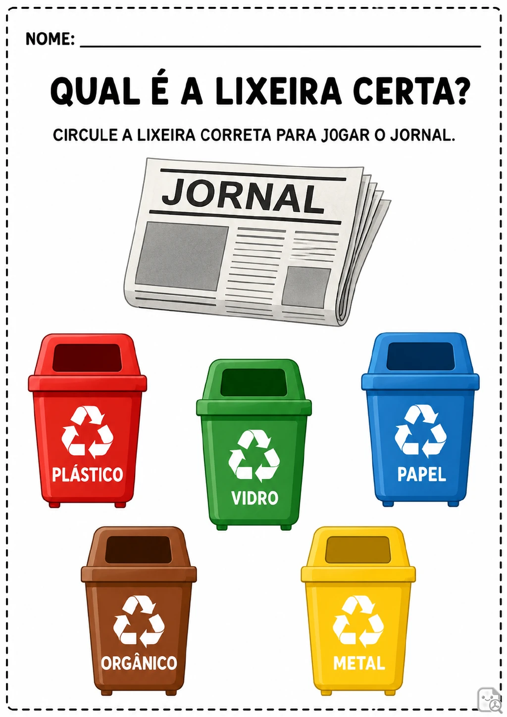 Jornal ilustrado ao lado de cinco lixeiras identificadas como plástico, vidro, papel, orgânico e metal.