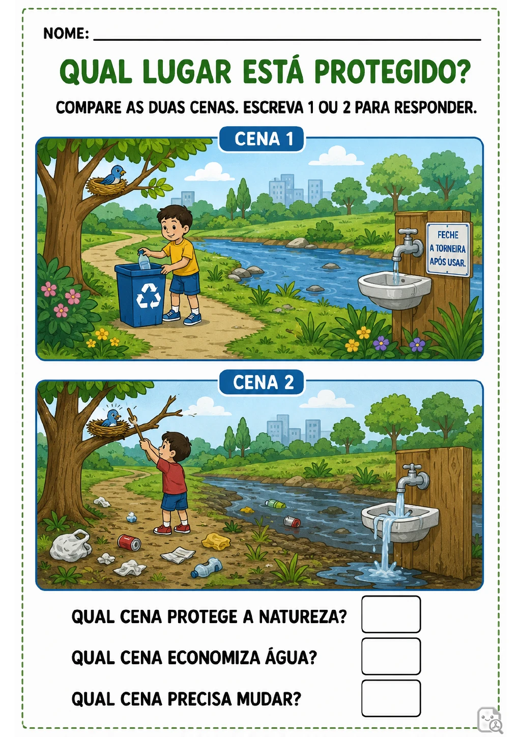 Duas cenas de parque numeradas. A Cena 1 mostra coleta seletiva e o aviso “Feche a torneira após usar”.