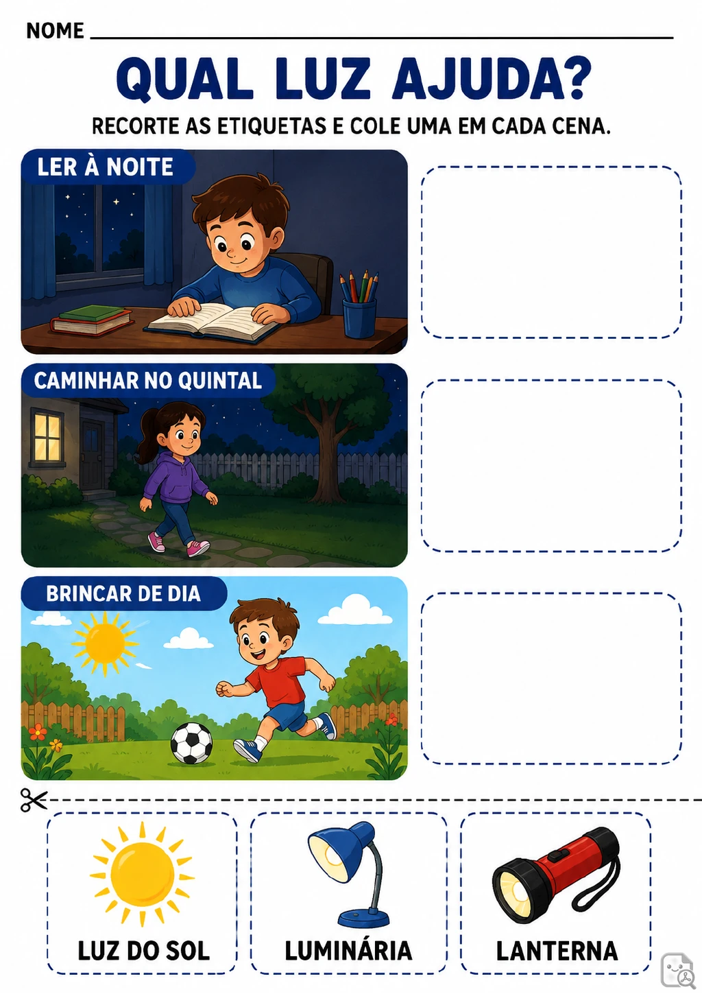 Três cenas de leitura à noite, caminhada no quintal e brincadeira de dia, com etiquetas recortáveis de luz do Sol.