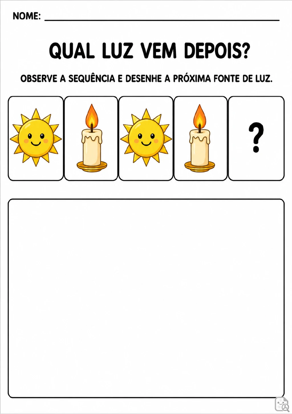 Cinco cartões mostram sol, vela, sol, vela e um ponto de interrogação; abaixo, há um grande retângulo vazio para desenhar o.