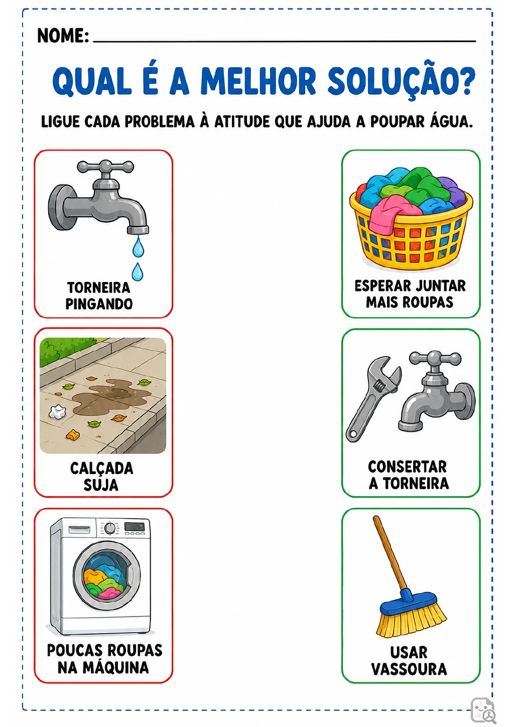 Seis cartões em duas colunas mostram três problemas e três atitudes para associar. À esquerda, aparecem torneira pingando.