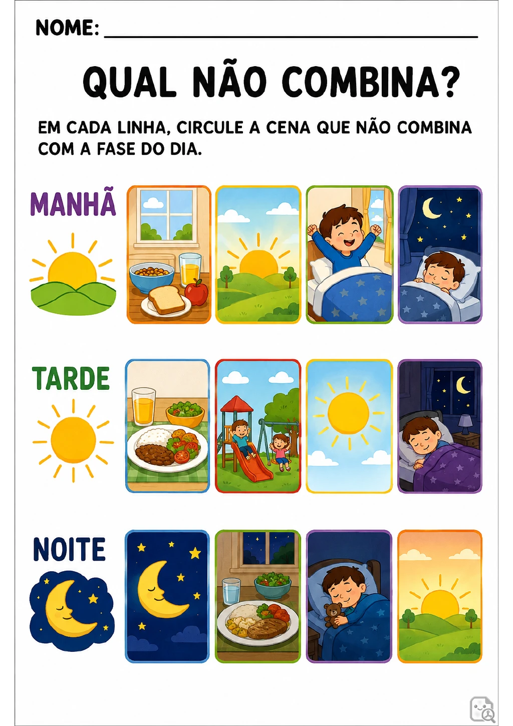 Três linhas identificadas como manhã, tarde e noite apresentam quatro cenas ilustradas cada, incluindo refeições, sono.