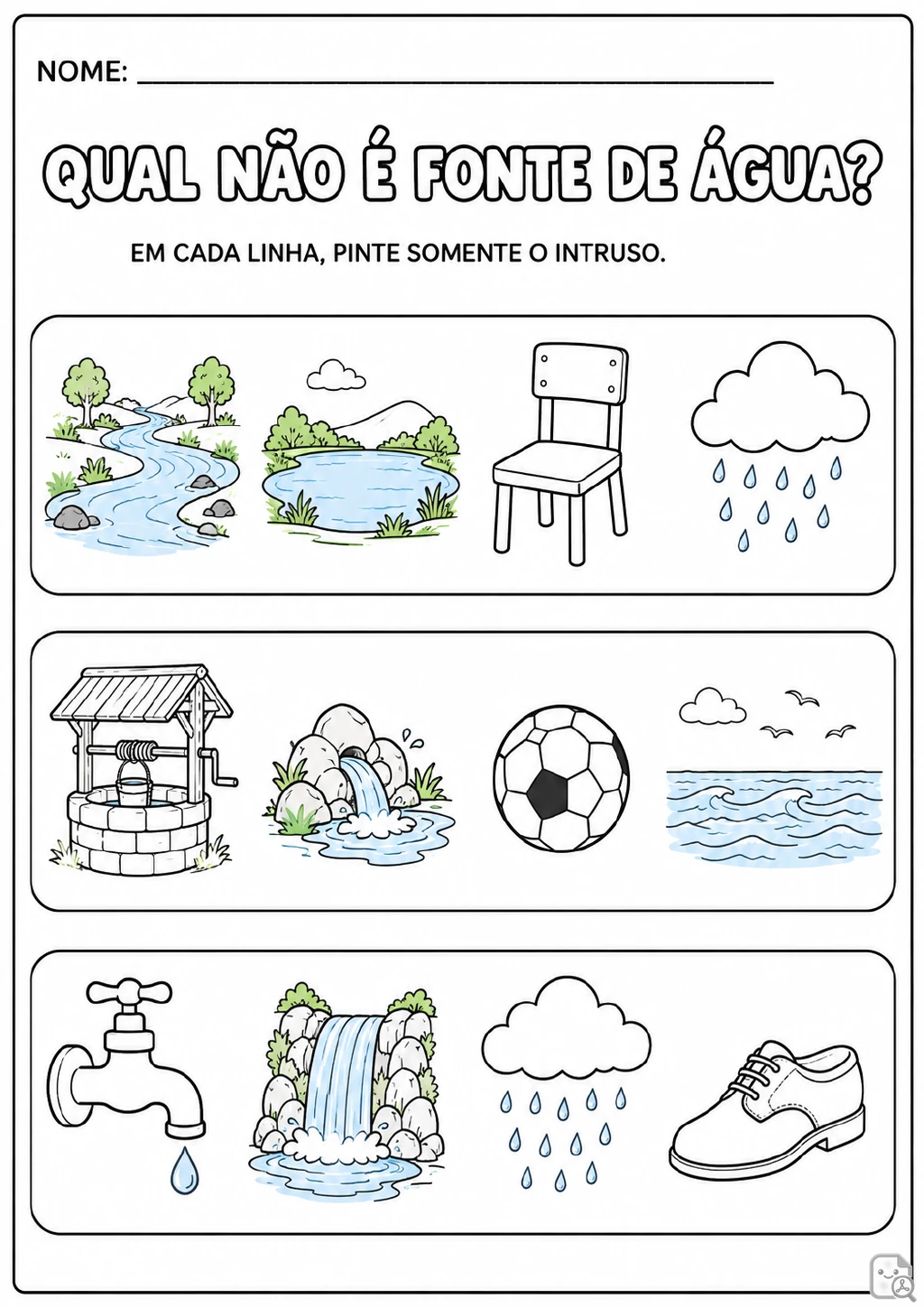 Três linhas de figuras misturam rio, lago, chuva, poço, cachoeira, mar e torneira com cadeira, bola e sapato.