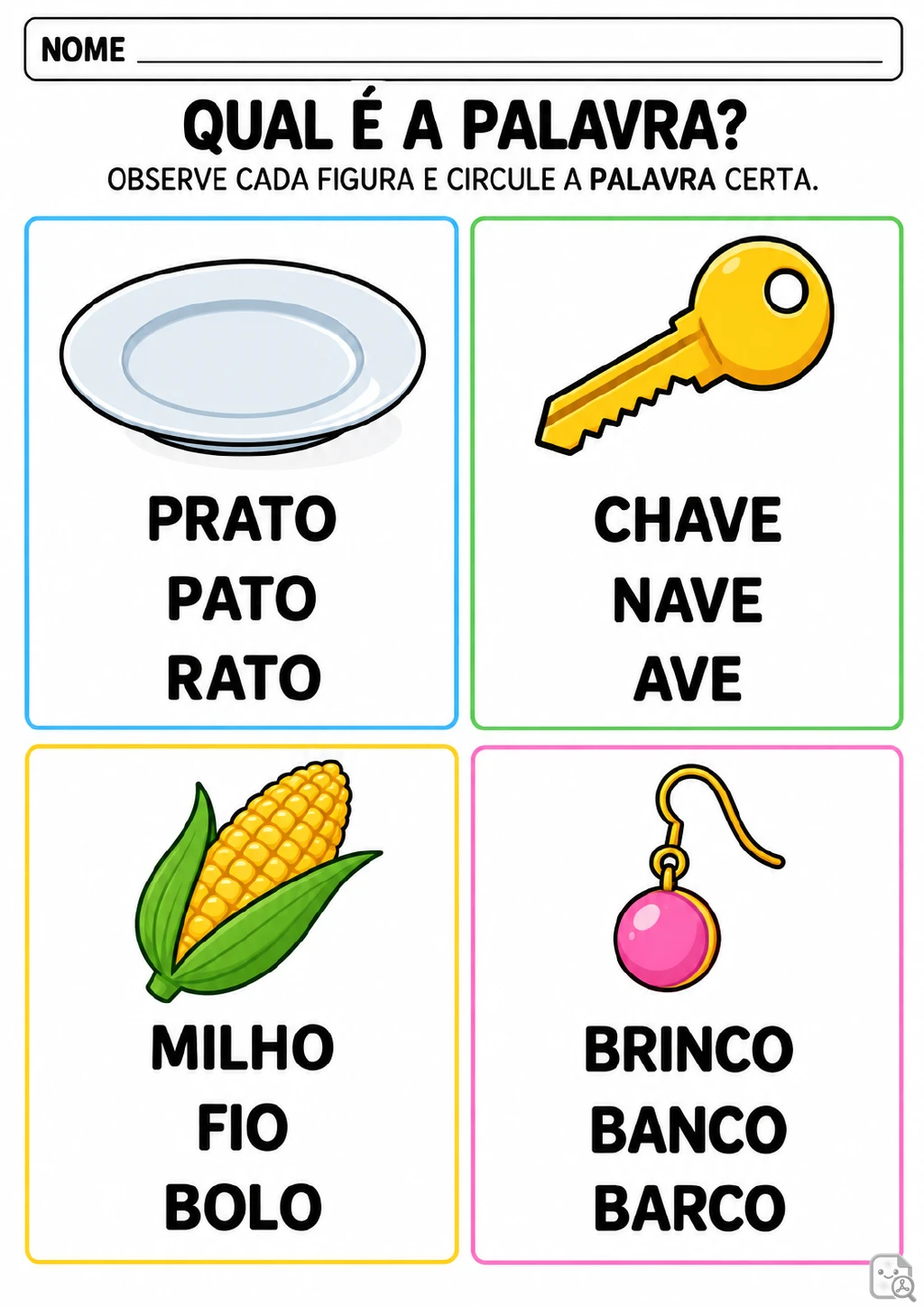Quatro quadros coloridos com ilustrações de prato, chave, milho e brinco, cada um.