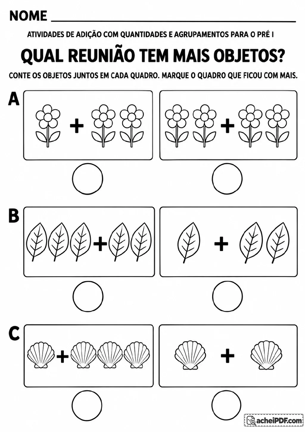 Três comparações, identificadas como A, B e C, mostram flores, folhas e conchas em agrupamentos com sinais de adição.