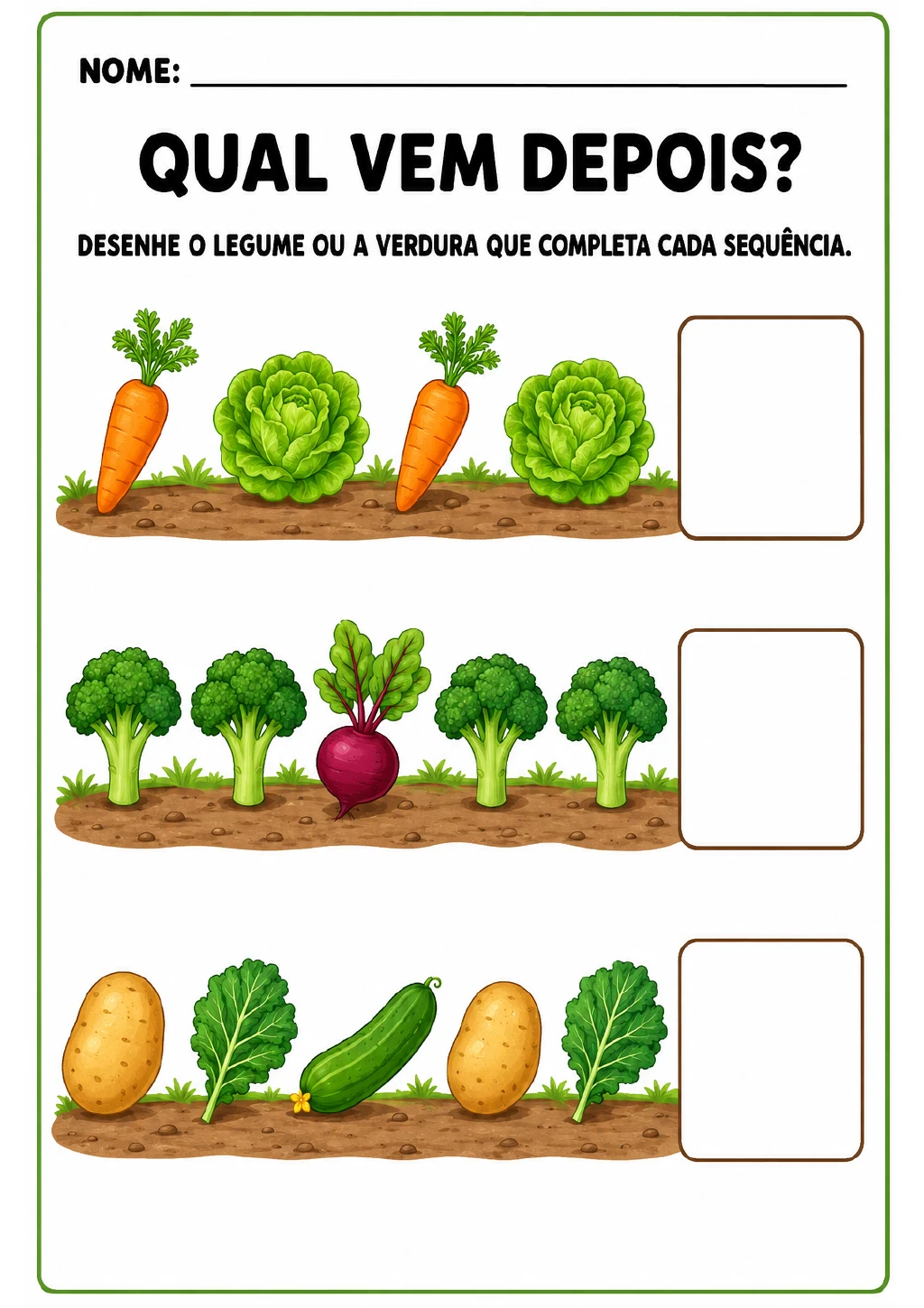 Três sequências de vegetais têm espaços vazios para completar: uma com cenoura e alface.