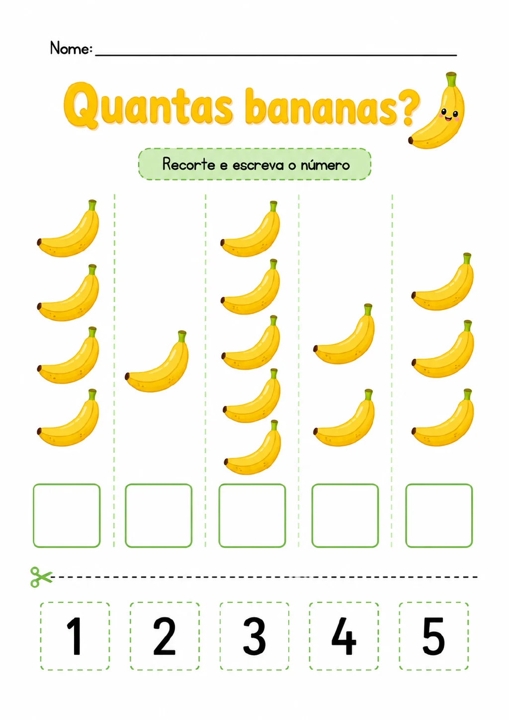 Cinco grupos de bananas com caixas de resposta e cartões numéricos recortáveis de 1 a 5 na parte inferior da folha.