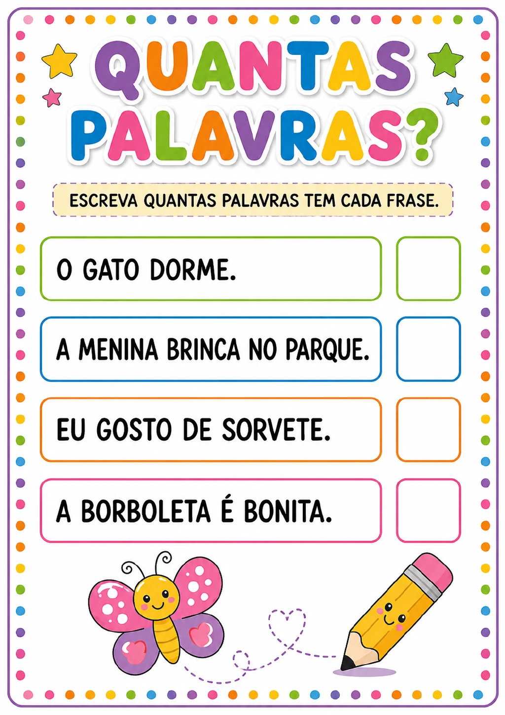 Quatro frases em caixas contornadas, sobre gato, menina no parque, sorvete e borboleta.