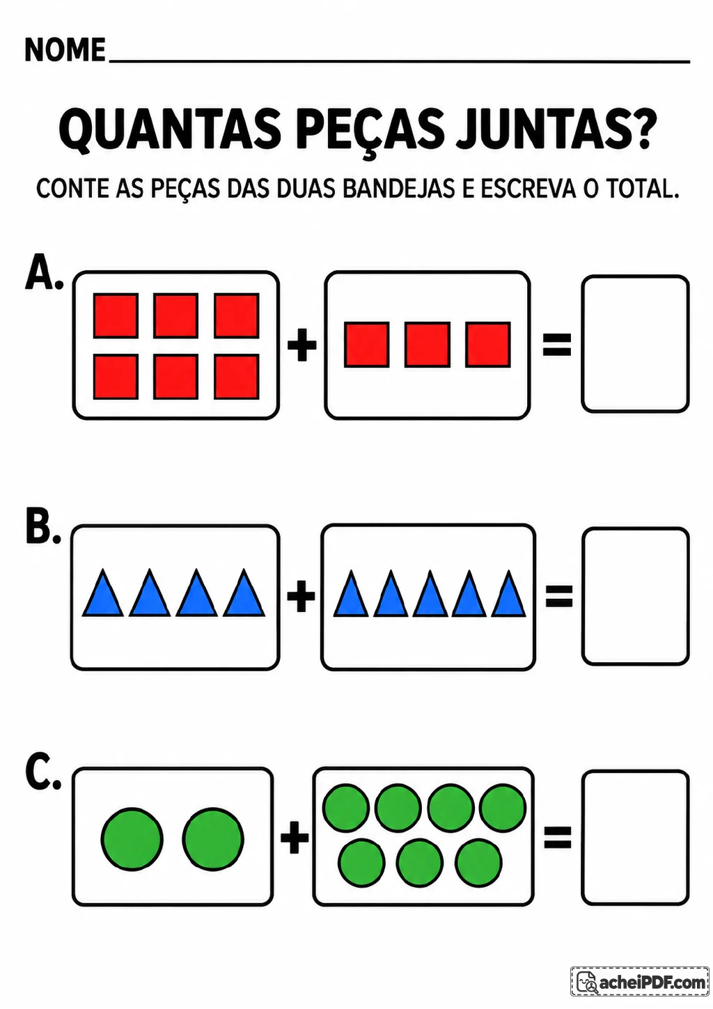 Três adições identificadas por A, B e C, com duas bandejas em cada item contendo quadrados vermelhos.